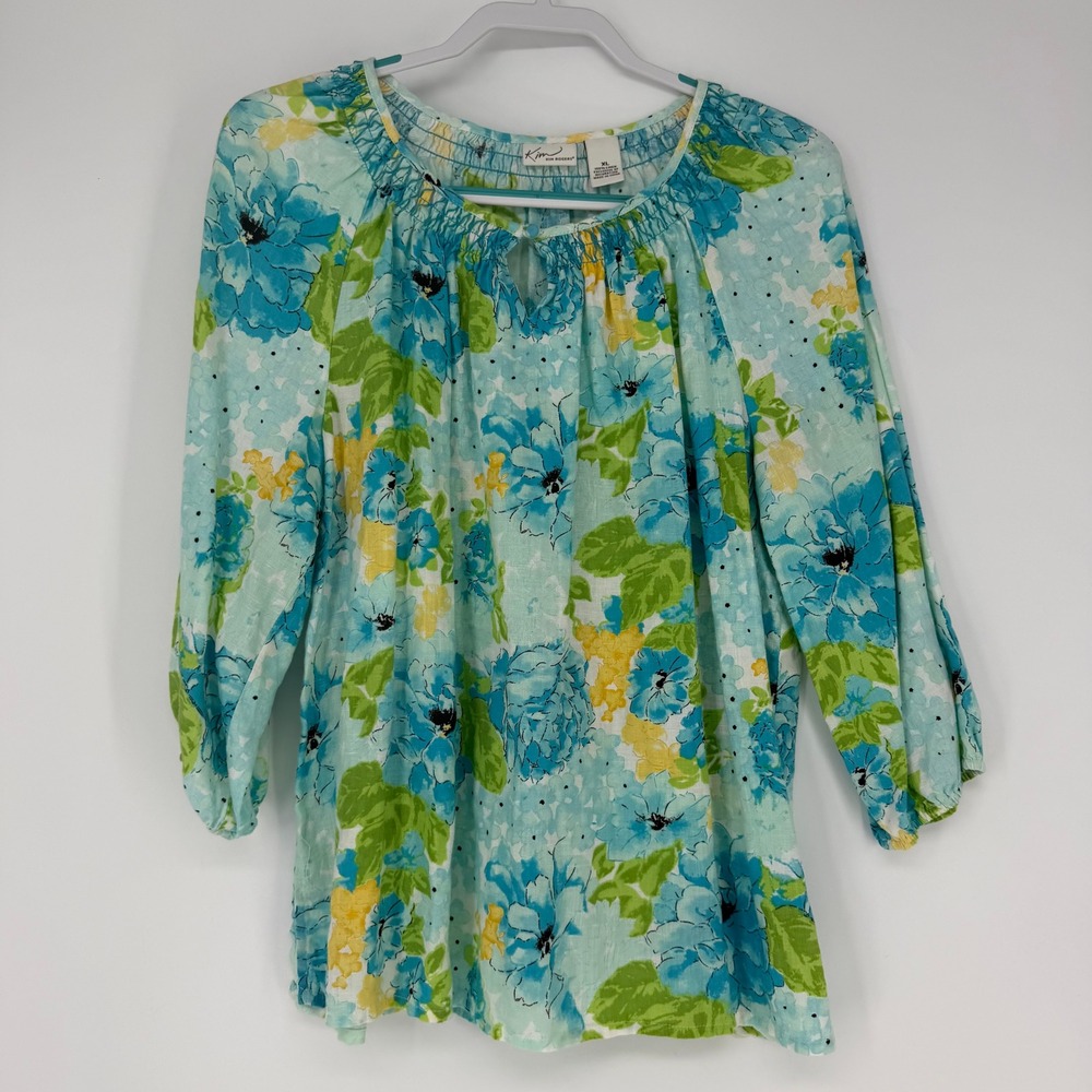 Kim Rogers Linen Blouse Womens XL Blue Floral 3/4 Sleeve Keyhole Peasant Coastal
